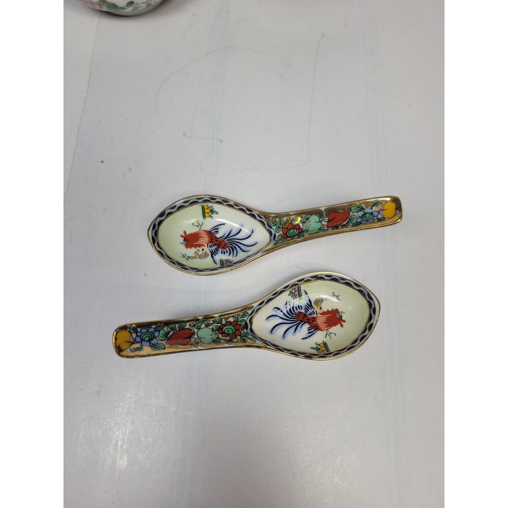2 Chinese Soup Bowls & Spoons, Oriental Mun Shou Set, Singapore Chatsworth - Picture 3 of 7